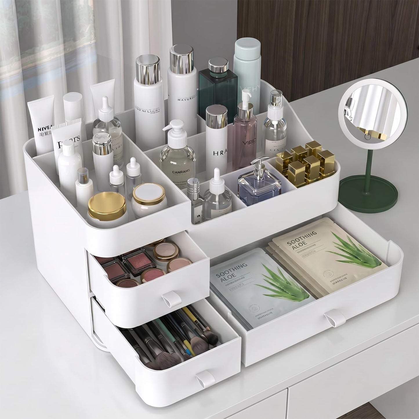 MIUOPUR Makeup Organizer with Drawers, Bathroom Counter Organizer, Plastic Cosmetic Display Case, Large Skincare Storage for Vanity Countertop, Ideal for Bedroom Dresser top and Desktop