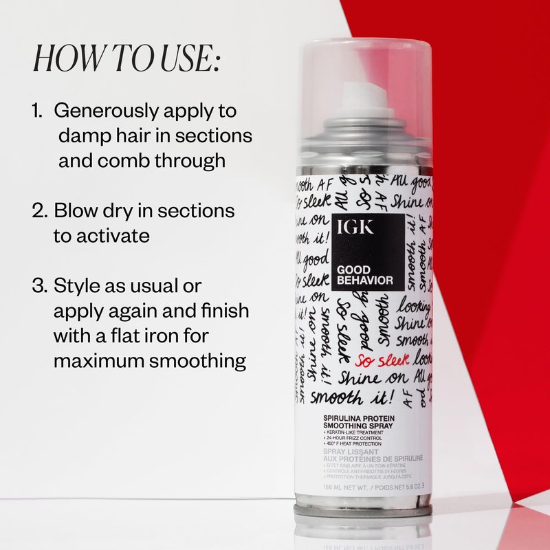 IGK GOOD BEHAVIOR Spirulina Protein Smoothing Spray | 4-Day Frizz Control + Heat Protectant | Vegan + Cruelty Free | 5.6 Oz