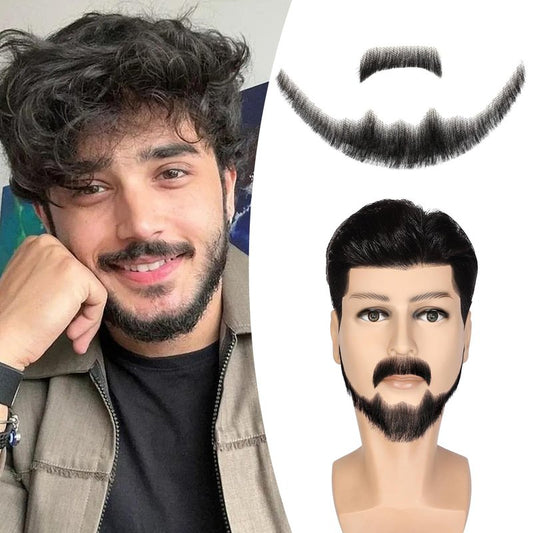 Wodelanle Fake Mustache Realistic Beard 100% Human Hair Full Hand Tied Facial Hair Black Goatee Fake Beards Lace Invisible Fake Mustache for Entertainment Party Drama Movie Makeup