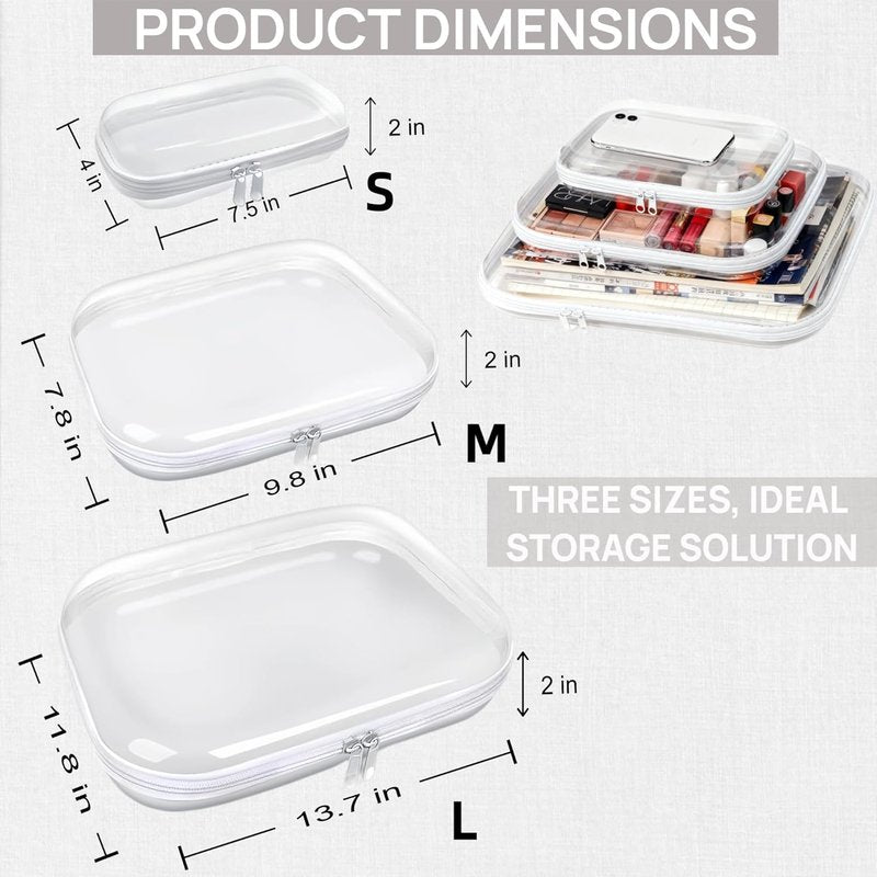Clear Hard Plastic Zipper Cases - 3PCS Portable Travel Organizer for Makeup, Toys, Snacks | Multi-Use Storage Bags