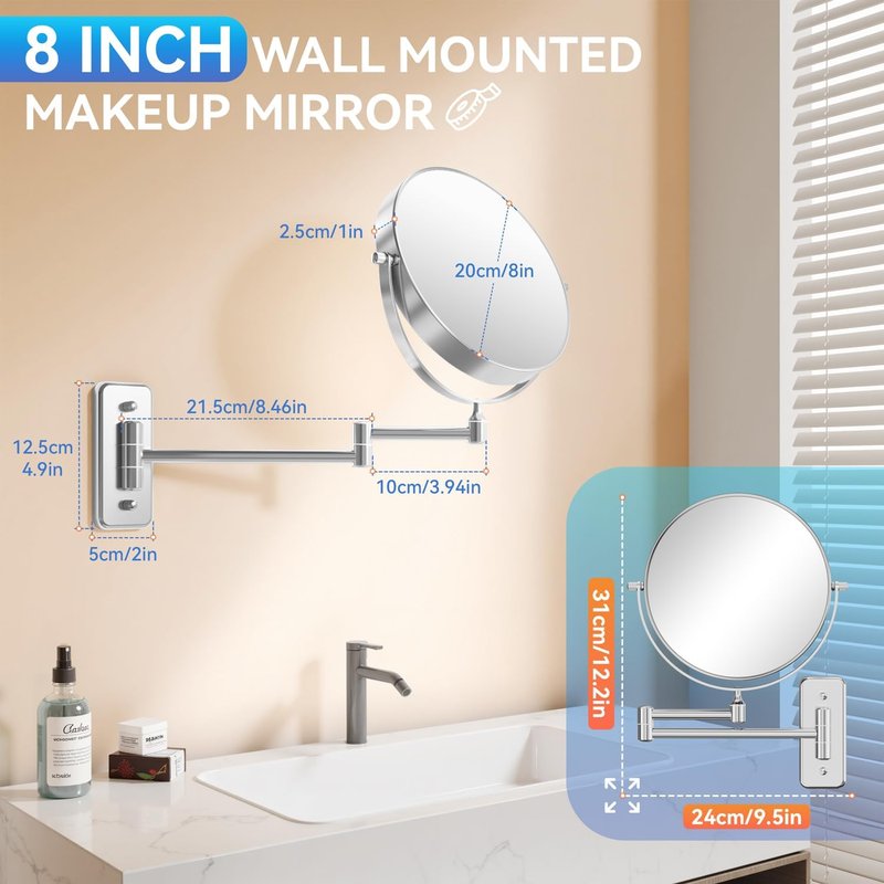 Auxmir 8'' Wall Mounted Makeup Mirror, 1X/20X Double-Sided Magnifying Mirror with Tweezer, HD Bathroom Makeup Mirror, Cosmetic Vanity Mirror with 360 Rotation Extendable Swivel Arm, Chrome