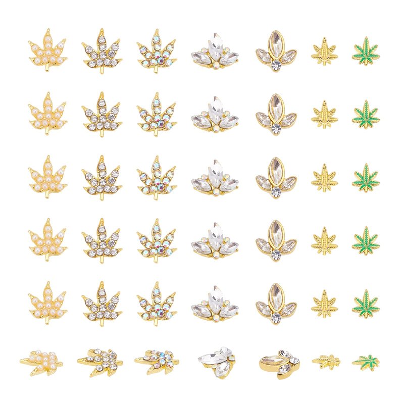 arricraft 35 Pcs 7 Styles Alloy Rhinestone Nail, Maple Leaf Shape Nail Art Rhinestone Studs Alloy Crystal Charms for Nails Art Decoration Supplies
