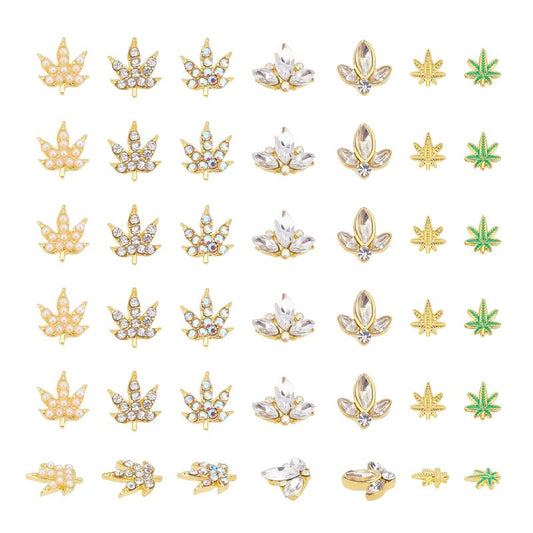 arricraft 35 Pcs 7 Styles Alloy Rhinestone Nail, Maple Leaf Shape Nail Art Rhinestone Studs Alloy Crystal Charms for Nails Art Decoration Supplies