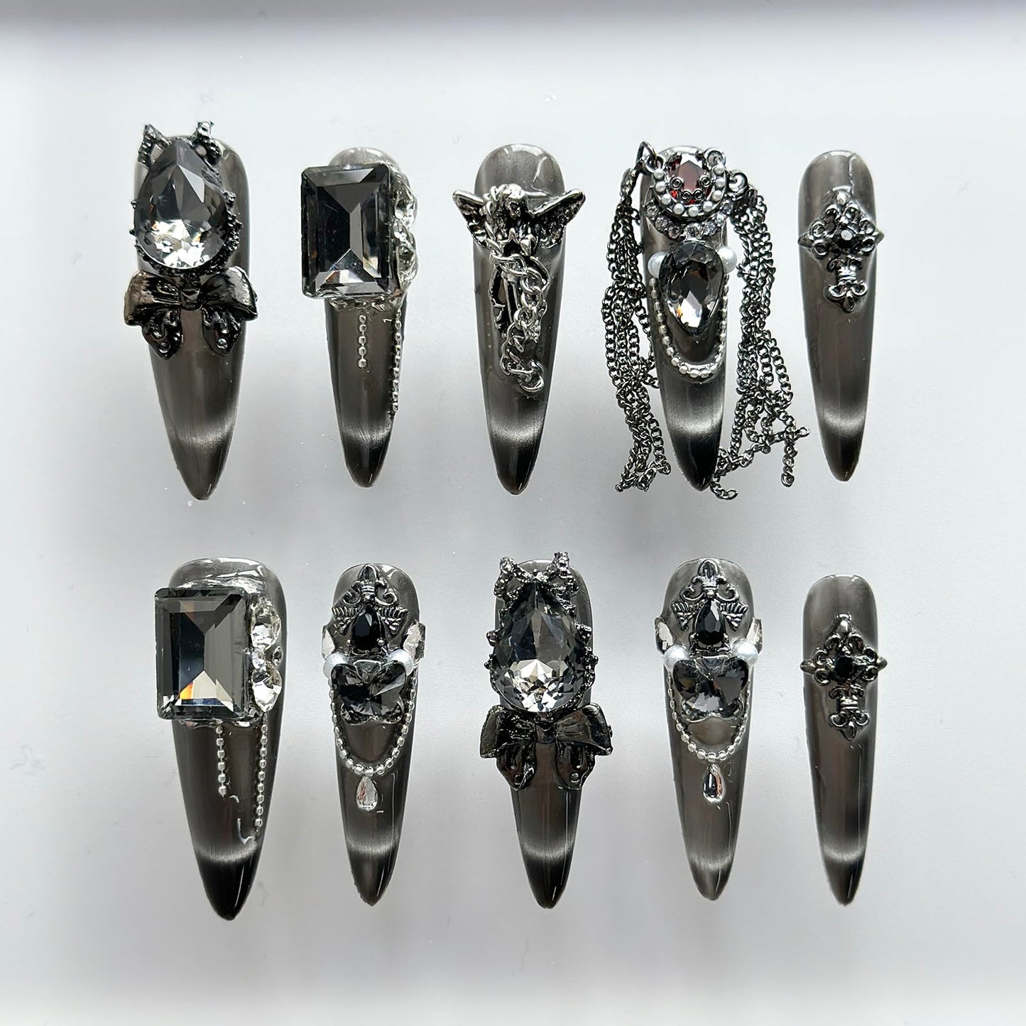 Luxury Press on Nails Long Almond Handmade 3D Unique Reusable ABS Material Fake Nails Black Gothic False with Designs Chain Rhinestones Charms Glitter Glossy Glue on Nails Thick Acrylic Nails(S)