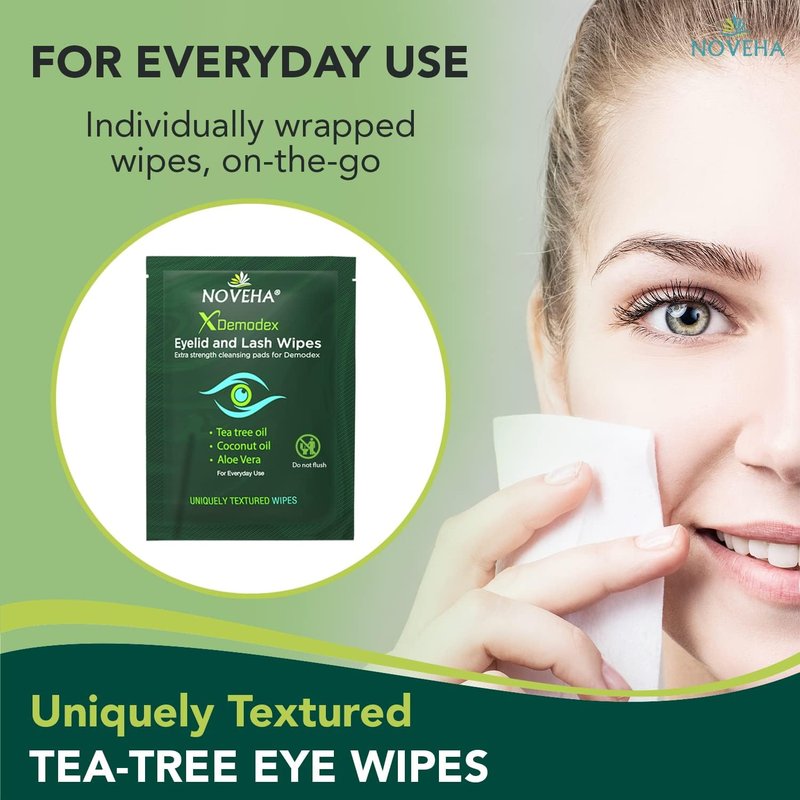 NOVEHA Demodex Eyelid & Lash Wipes - Extra Strength Cleansing Wipes for Irritated Eyes | 60 Individually Wrapped Wipes (Pack of 2)