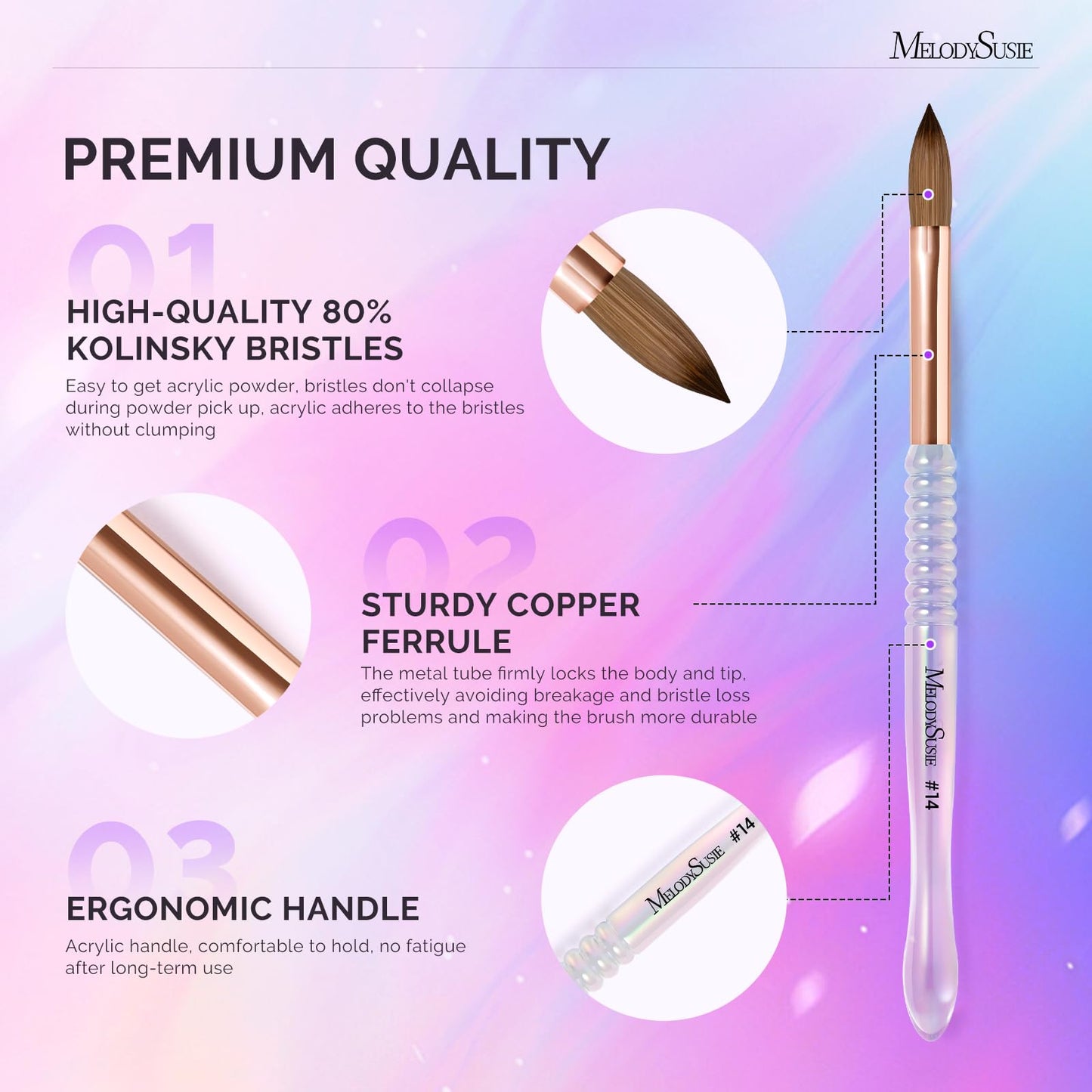 MelodySusie Kolinsky Acrylic Nail Brush, 80% Pure Kolinsky Hair, Professional Nail Brush for Acrylic Powder Nail Extension and 3D Nail Carving, Nail Art Tools for DIY Home Salon, Size 14