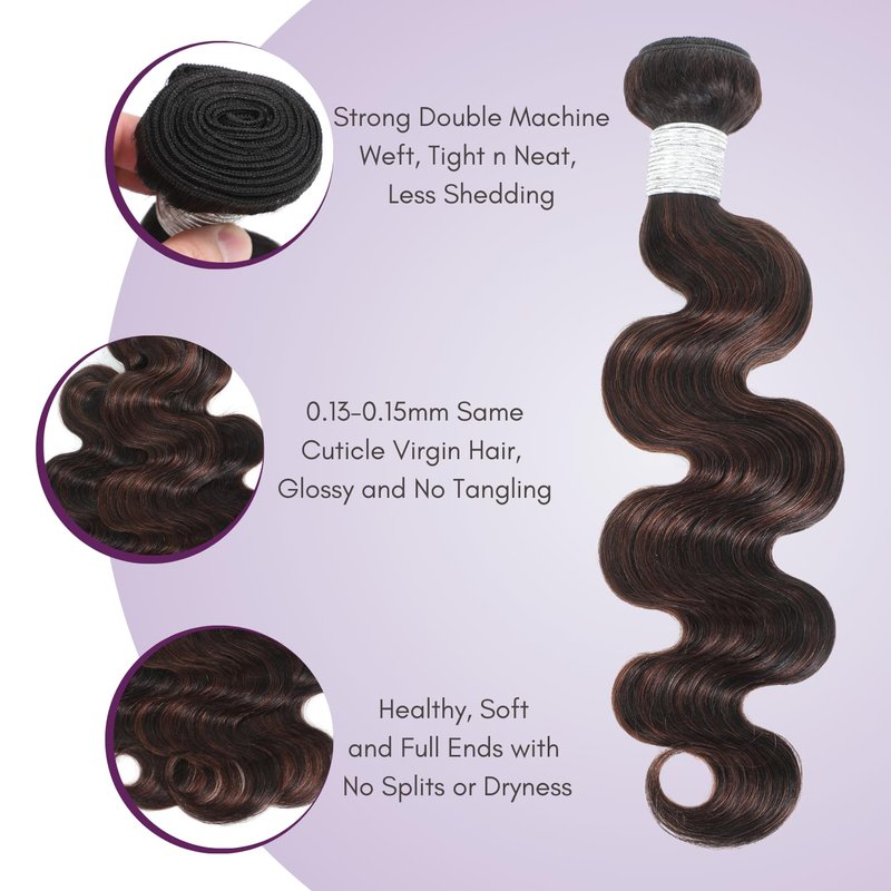 AUROO 12A Brown Body Wave Bundles Human Hair, 100% Virgin Brazilian Real Hair Wavy Weave Color #F2/4 Rich Dark Brown with Chestnut Ombre Highlights Human Hair Single Bundles Thick Track Sew in 14 Inch