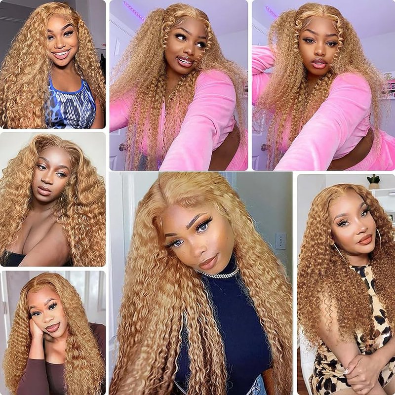 Honey Blonde Human Hair Bundles 14 16 18 Inch Deep Wave Bundles Human Hair Unprocessed Native Virgin Hair 100/PC 3 Extensions #27 Blonde Color Wet and Wavy Human Hair Extensions for Women