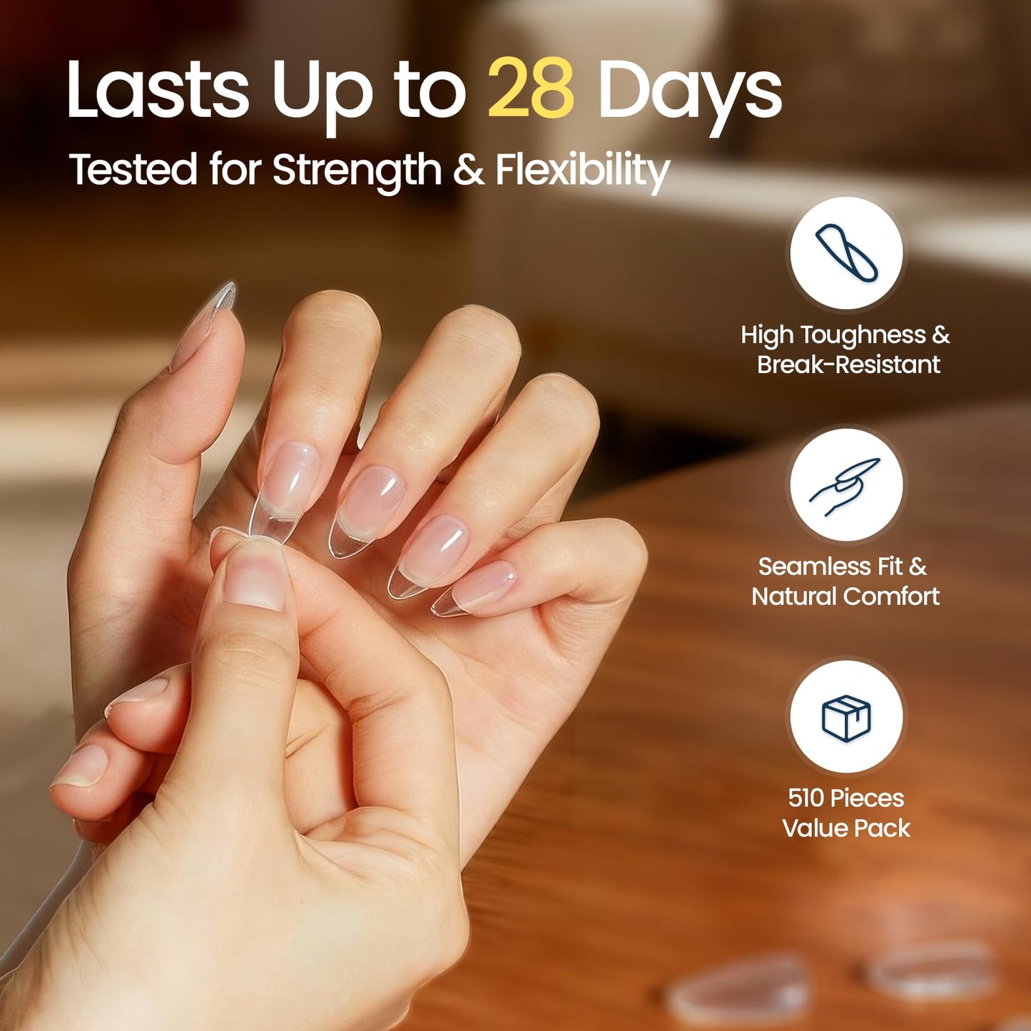 Morovan Short Almond Nail Tips: 510 pcs 15 Sizes Clear False Nails Tips Press On for Acrylic Gel Polish Natural Looking Artificial Nails for Women DIY Manicure
