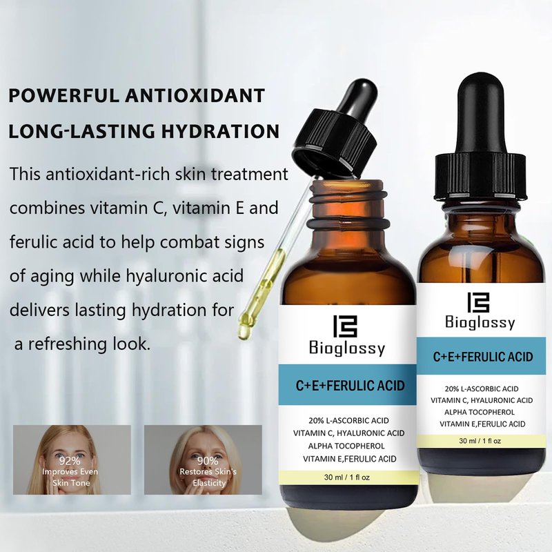 Bioglossy Vitamin CE Ferulic Acid Serum 20% Vitamin C Serum + Vitamin E & Hyaluronic Acid - Skin Moisturizer Face Dark Spot Corrector and Anti Aging 30ml / 1 fl.oz