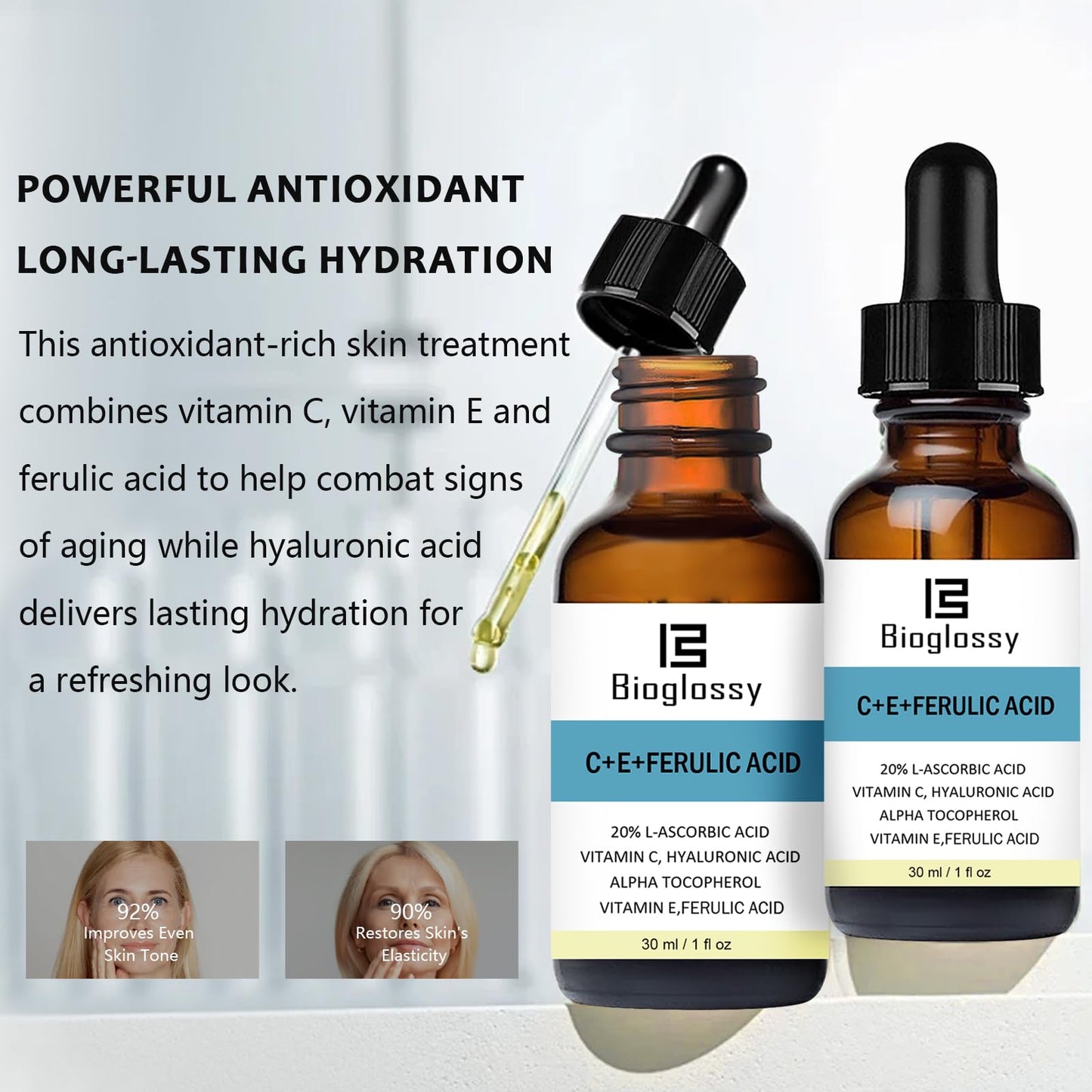 Bioglossy Vitamin CE Ferulic Acid Serum 20% Vitamin C Serum + Vitamin E & Hyaluronic Acid - Skin Moisturizer Face Dark Spot Corrector and Anti Aging 30ml / 1 fl.oz
