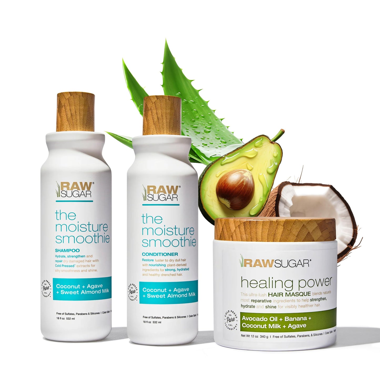 Raw Sugar Moisture Smoothie + Hair Masque Bundle - Shampoo & Conditioner for Dry Damaged Hair, Sulfate & Paraben Free