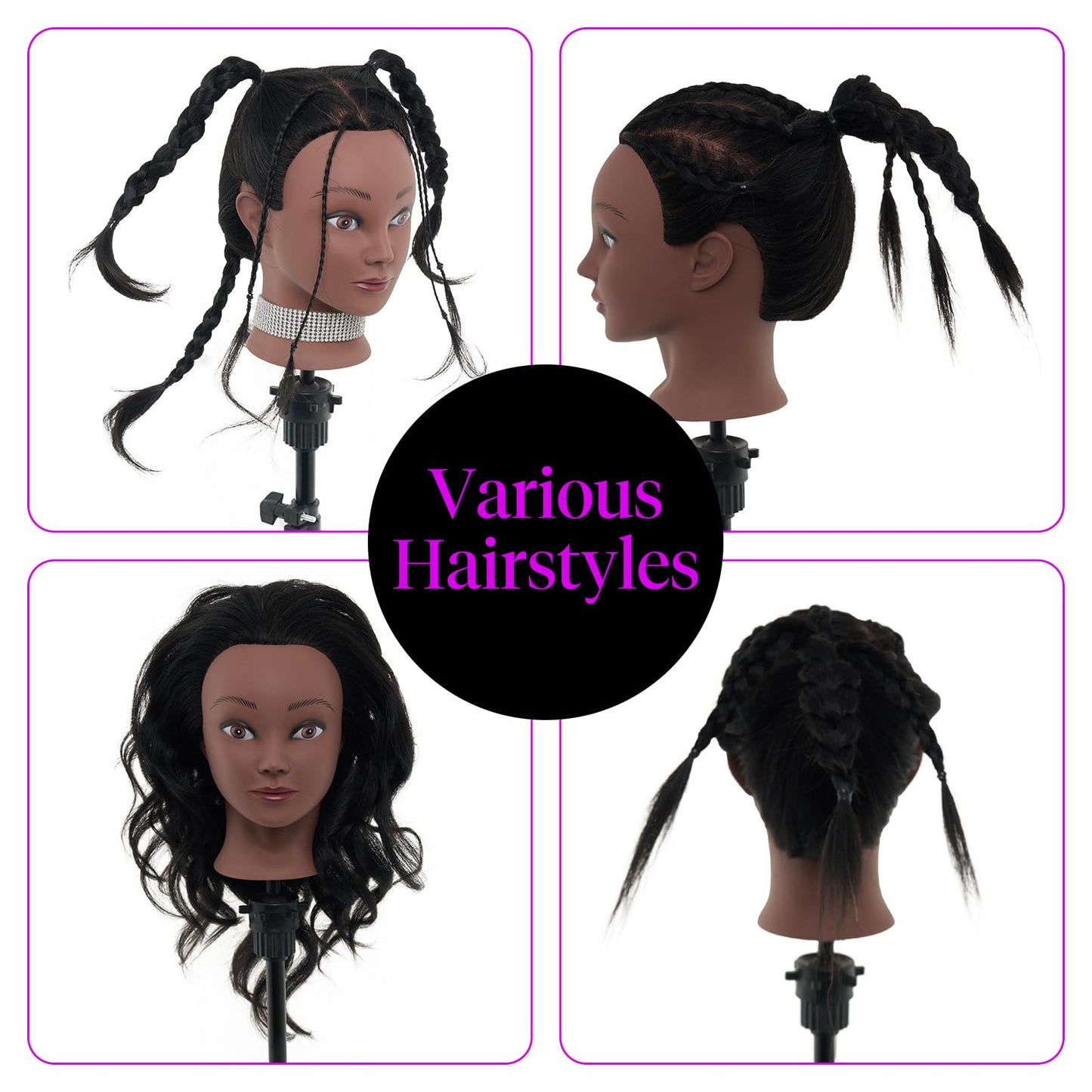 18" Mannequin Head Human Hair with Stand - 100% Real Human Hair Mannequin Head for Braiding, Cosmetology Manikin Doll Head for Hair Styling with Tripod Stand Table Clamp Hair Braiding Set,Black