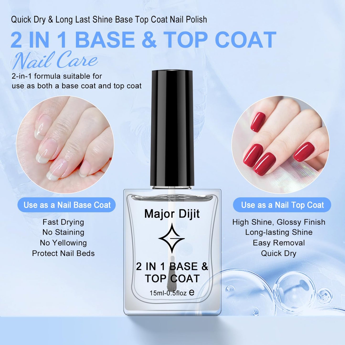 Major Dijit Clear Base & Top Coat 2-in-1 Nail Polish – Quick Dry, Long-Lasting, High Gloss Protective Formula – 0.5 Fl Oz