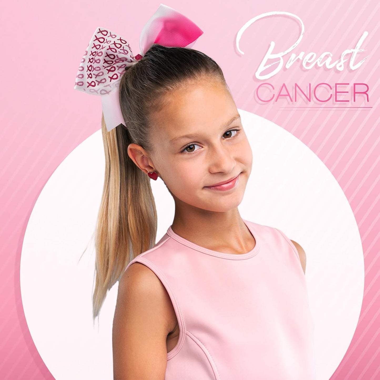Breast Cancer Awareness Cheer Bows - 18 Pcs Pink Ribbon Hair Accessories for Teens & Women | 7 Inch Elastic Ponytail Holders