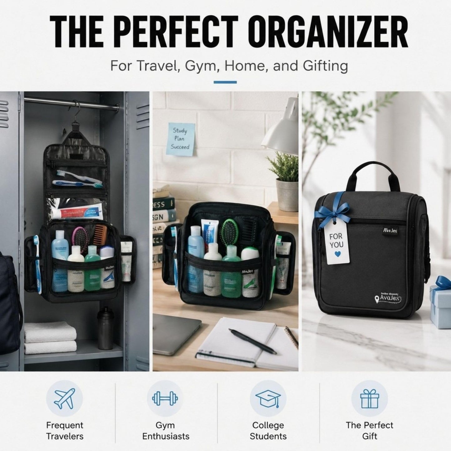 AvaJex Travel Toiletry Bag for Men - Large Dopp Kit (10.6"x10.6"x3.2") - Hanging Waterproof Mens Hygiene Organizer Bag with XXL Metal Swivel Hook, Sturdy Zippers and 19 Compartments for Toiletries