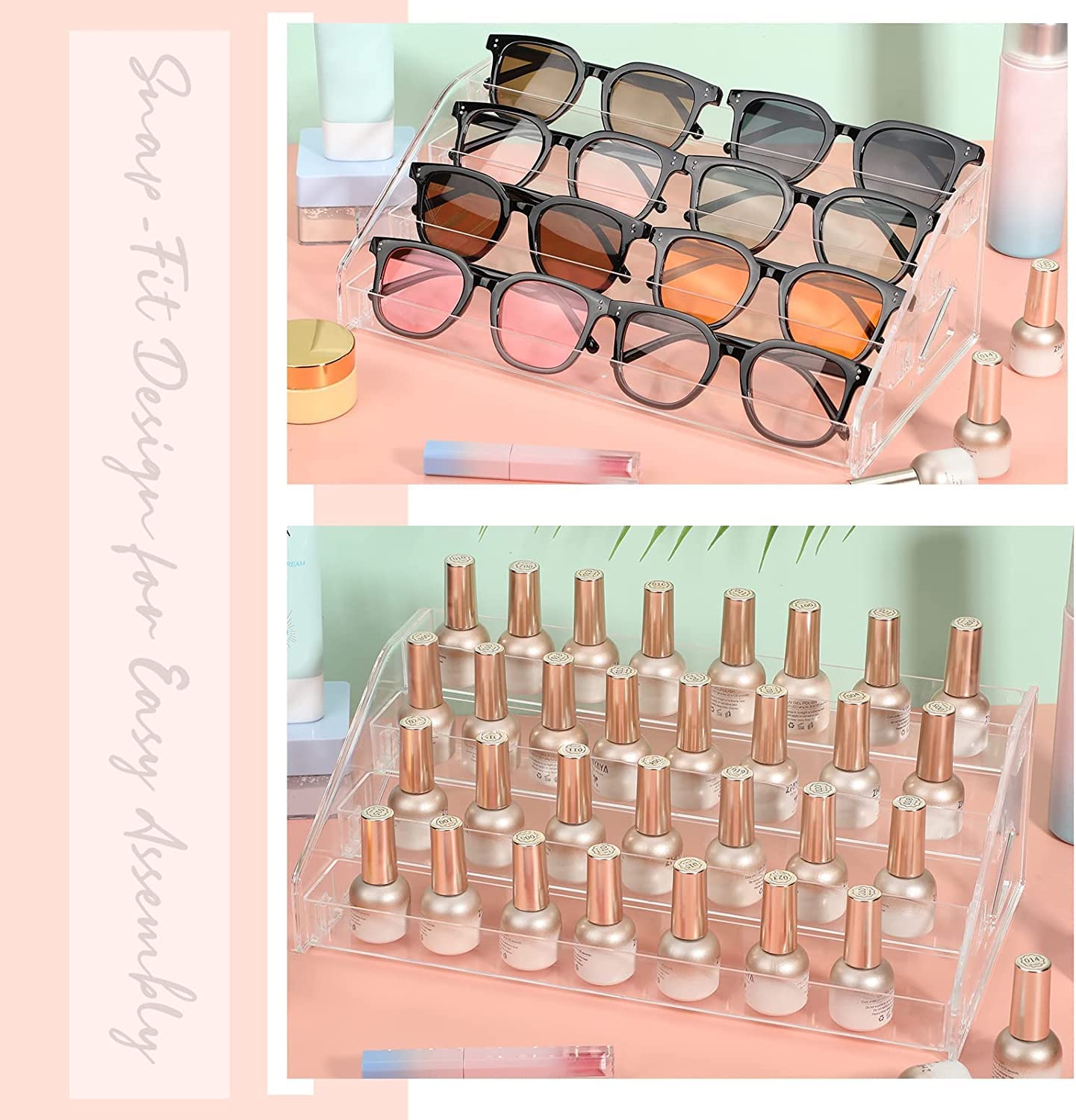 YIEZI Nail Polish Organizer 84 Bottles of 7 Layers Sunglass Organizer Acrylic Display Rack Eyeglasses Storage Essential Oils Holder Makeup Organizer No Tool Needed Assembly, Clear (2 Pack)