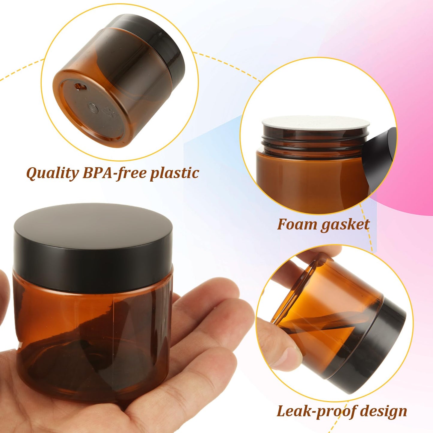 Acrux7 50 Pack 2 oz Amber Plastic Containers with Lids, Empty Amber Plastic Jars Leak Proof 60 ml Small Round Cosmetic Jars for Cream, Lotion, Powder, Scrubs, Bath Salt, Eye Shadow, Beauty Products