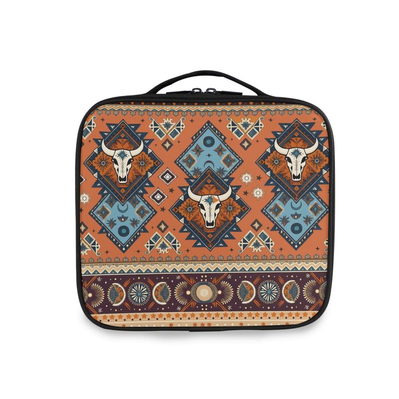 ALAZA Makeup Case Indian Tribal Aztec Ornament Geometric Pattern with Skulls Cosmetic Bag Organizer Travel Portable Storage Toiletry Bag Makeup Train Case with Adjustable Dividers for Women
