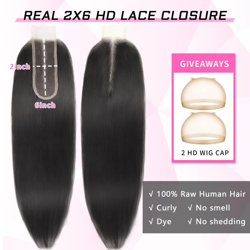 FBLhair 16 inch SKINLIKE 2x6 HD Lace Closure Middle Part Straight Real Human Hair 0.10mm Ultra-thin HD 2x6 Lace Closure Human Hair 180% Density Tiny knots Pre-Plucked Natural Hairline 1B Natural Black