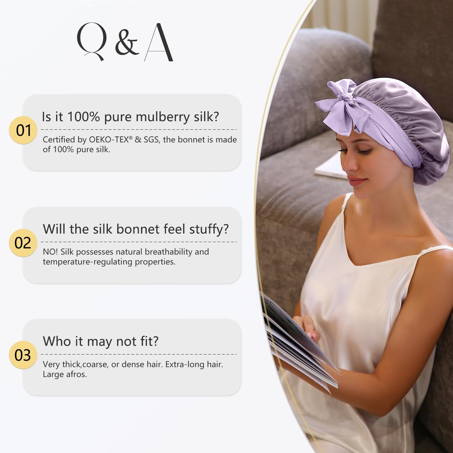 ZIMASILK 100% Mulberry Silk Bonnet for Sleeping Women Long Hair Double Layer Silk Hair Wrap with Tie Band Stay On Head (1Pc, Purple)