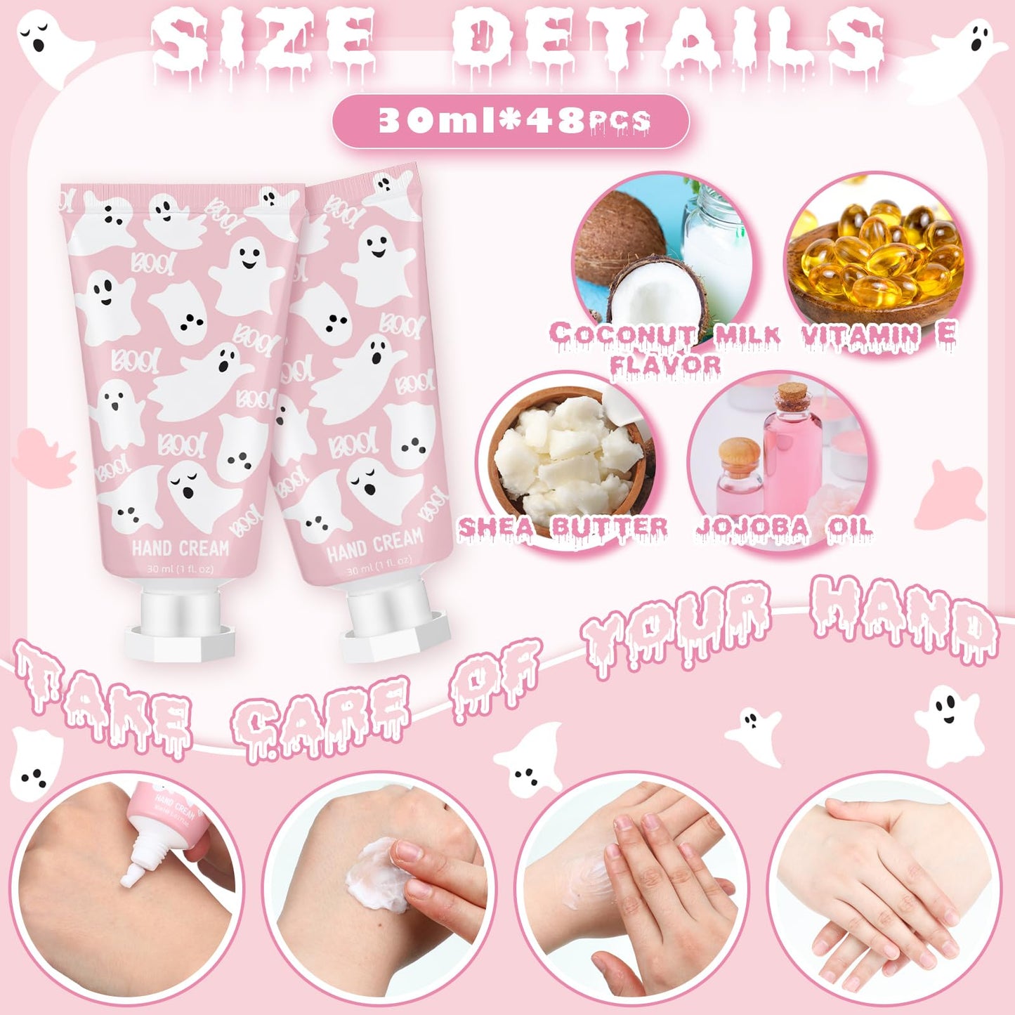 Heigble 48 Sets Pink Ghost Boo Hand Cream Gifts Bulk Halloween Hand Cream Travel Lotion Size Baby Shower Party Gifts Favors Pink Ghost Halloween Birthday Party Supplies for Guest