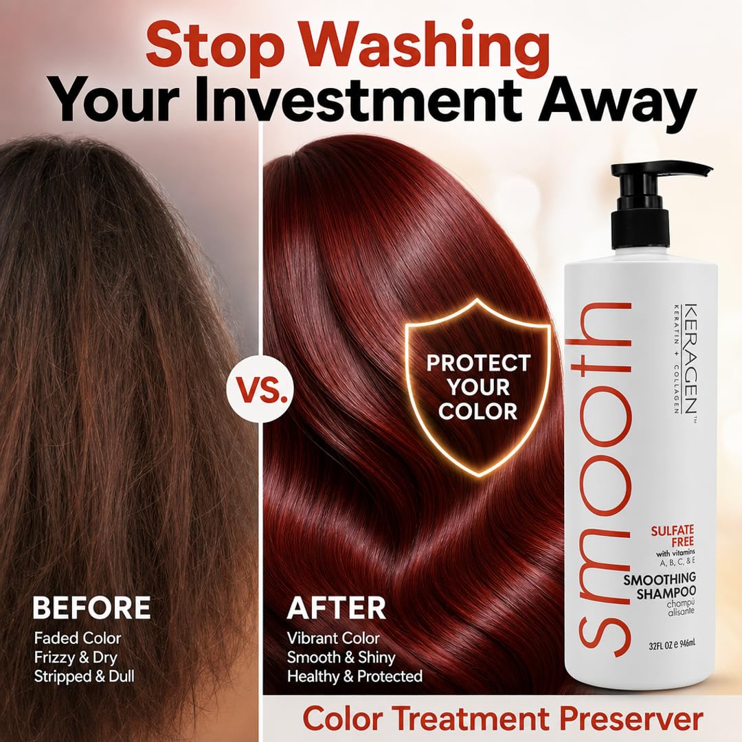 KERAGEN Smoothing Keratin Shampoo - Sulfate-Free, Paraben-Free Cleanser for Color-Treated Hair | 32 oz | Frizz Control & Cuticle Repair