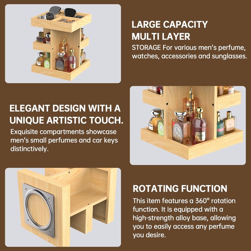 VLXXOI Cologne Organizer for Men Rotating Bathroom Counter Organizer, 3-Tier Solid Wood Storage Caddy, 360-Degree Rotating Stand, Burlywood (Burlywood A)