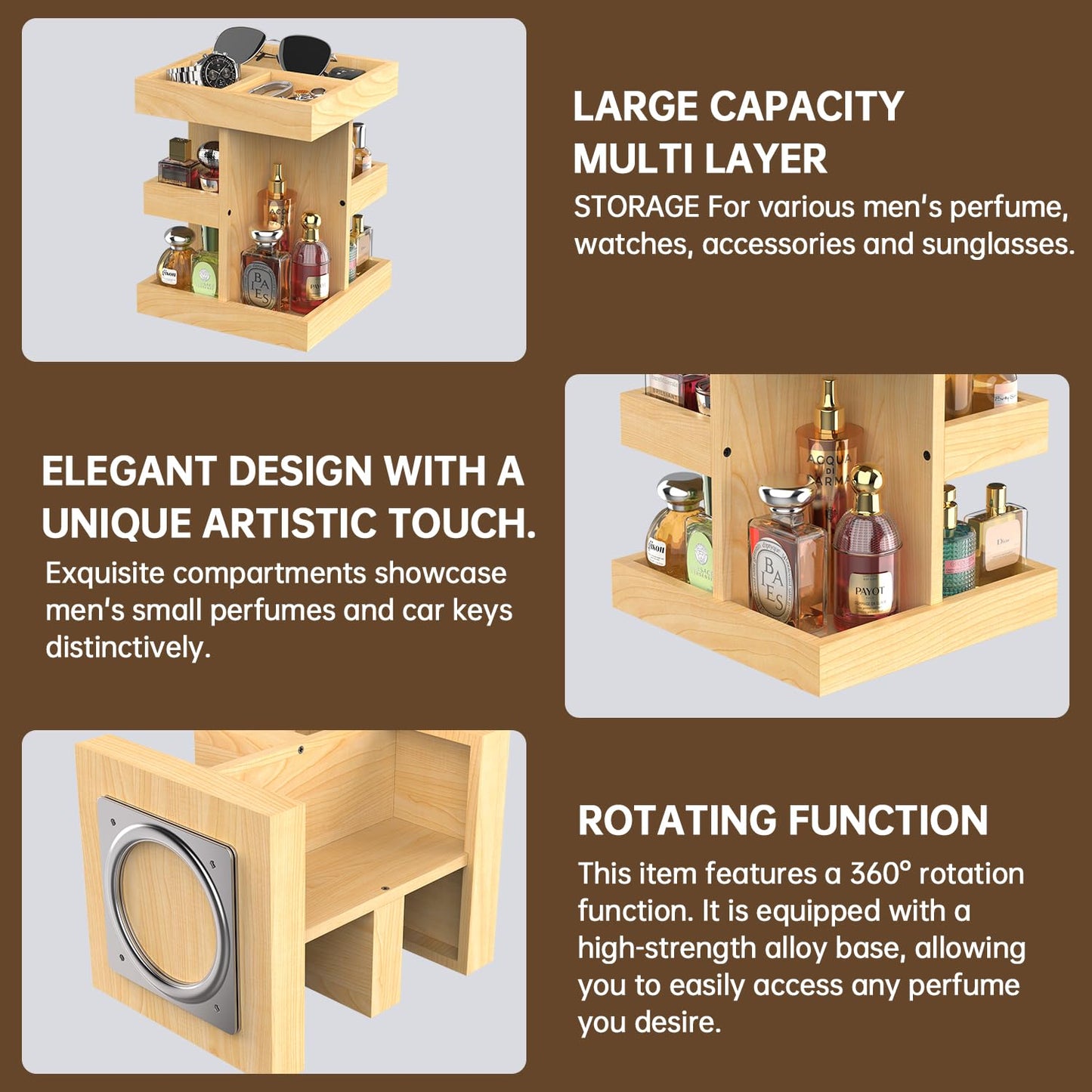 VLXXOI Cologne Organizer for Men Rotating Bathroom Counter Organizer, 3-Tier Solid Wood Storage Caddy, 360-Degree Rotating Stand, Burlywood (Burlywood A)
