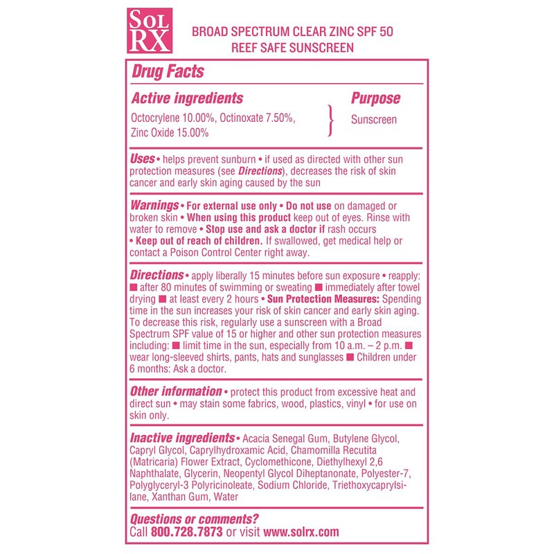 SolRX MINERAL+ SPF 50 Mineral Sunscreen with Zinc Oxide – Reef Safe, Broad Spectrum UVA/UVB Protection, Water Resistant Sunblock for Face & Body