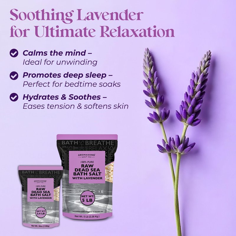 Aromasong Pure Raw Dead Sea Salt for Soaking with 100% Natural Lavender, 5 LB - Spa Bath Salt Fine Grain - Body Wash Scrub - Soak for Women & Men- Bulk Resealable Pack