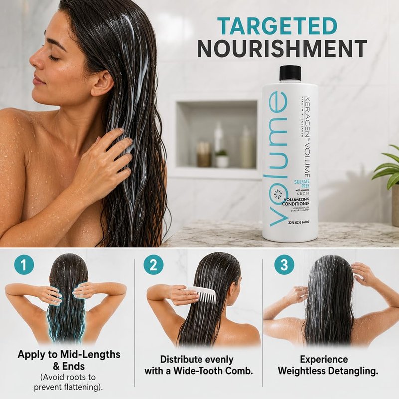 KERAGEN - Volumizing Conditioner for Fine Hair with Keratin and Collagen, Sulfate Free 32 Oz - Add Thickness, Hydrates and Enhances Hair Volume, with Panthenol, Vitamins, and Jojoba Oil