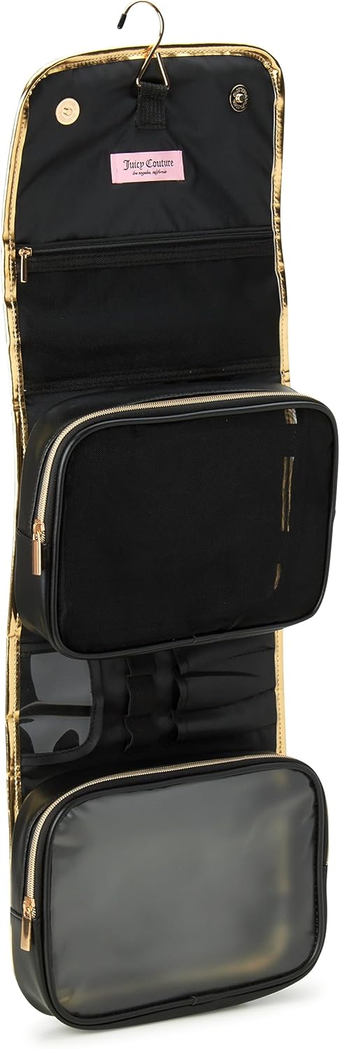 Juicy Couture Black Makeup Bag - Faux Quilted Leather Cosmetics Organizer with Hanging Hook | Travel Essential