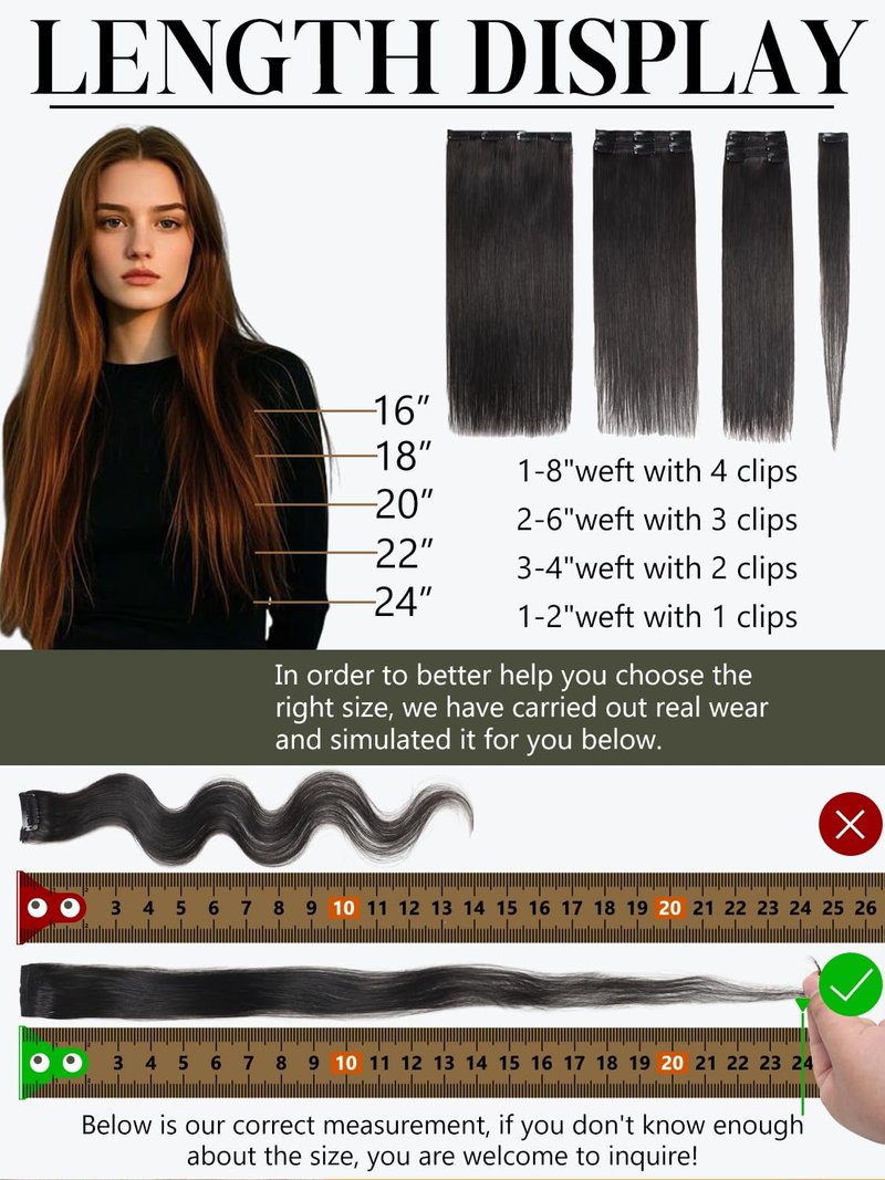 Black Clip-In Hair Extensions - 7 Pcs 120g Jet Black Straight Human Hair | Easy Double Weft Design