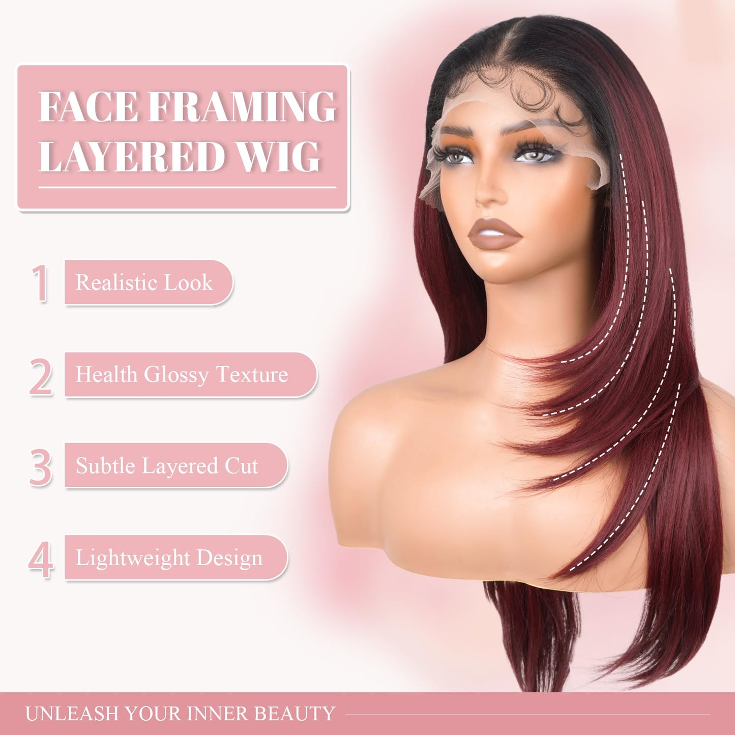 13x6 HD Lace Front Wigs for Women, Synthetic Wigs Wear and Go Glueless Wig with Baby Hair, Pre Plucked Layered Long Straight Wig, Heat Resistant (#OMBUG Burgundy)