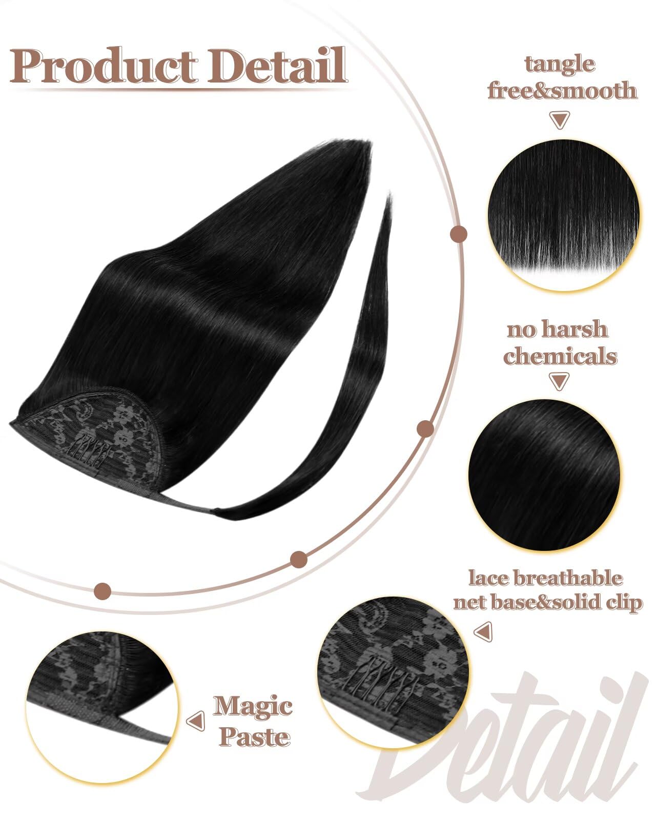 Hetto Ponytail Extension Human Hair Black 12Inch 70g