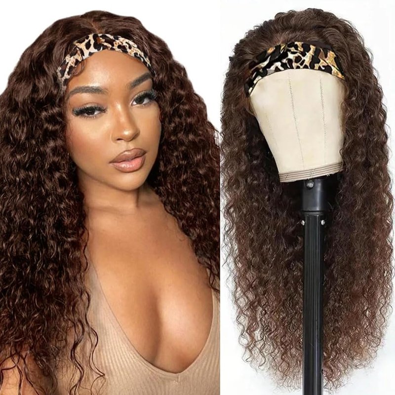 NICMISS Chocolate Brown Headband Wig Human Hair Deep Wave Human Hair Wigs for Black Women 12 Inch Curly Headband Wig Glueless None Lace Front Brazilian Virgin Hair Wear and Go 150% Density