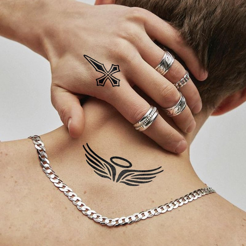 UBICA Semi Permanent Tattoos, 2 Sheets Realistic Temporary Tattoos for Men, Fake Tattoos for Hand Arm Wrist Ankle, Waterproof, No Reflective, Lasts 2 Weeks (Wolf Head Crown & Cross Angel Wings)