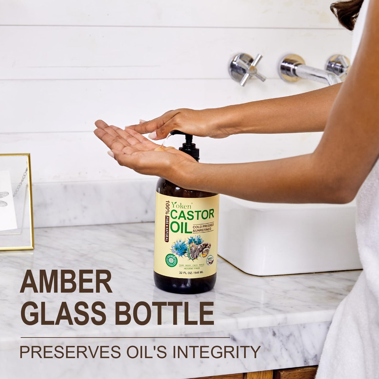 Yoken EWG Verified Castor Oil Glass Bottle 32 fl oz (with Pump) 100% Pure Castor Oil for Skin Face Hair, Cold Press, Hexane Free, Unrefined Caster oil for Nourishing Body, aceite de ricino