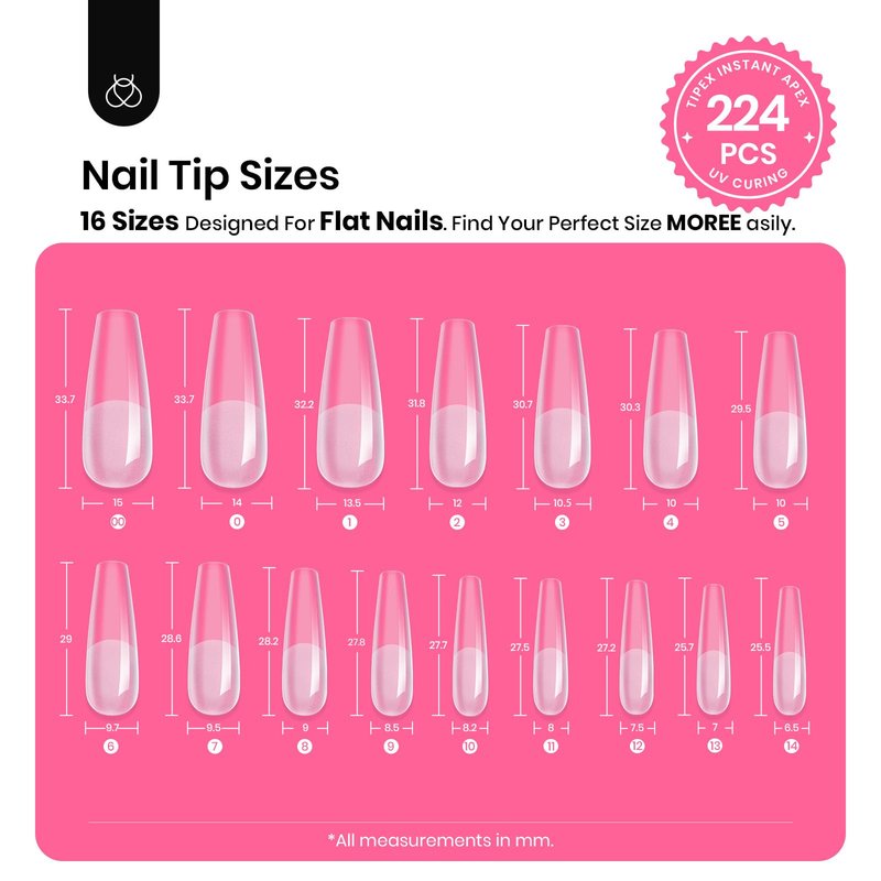 Beetles Tipex Instant Apex Nail Tips Kit,Long Coffin, 224PCS 16 Sizes, Reinforced Apex for Strong Long-Lasting Wear, 20g Solid Nail Glue, Mini UV Lamp
