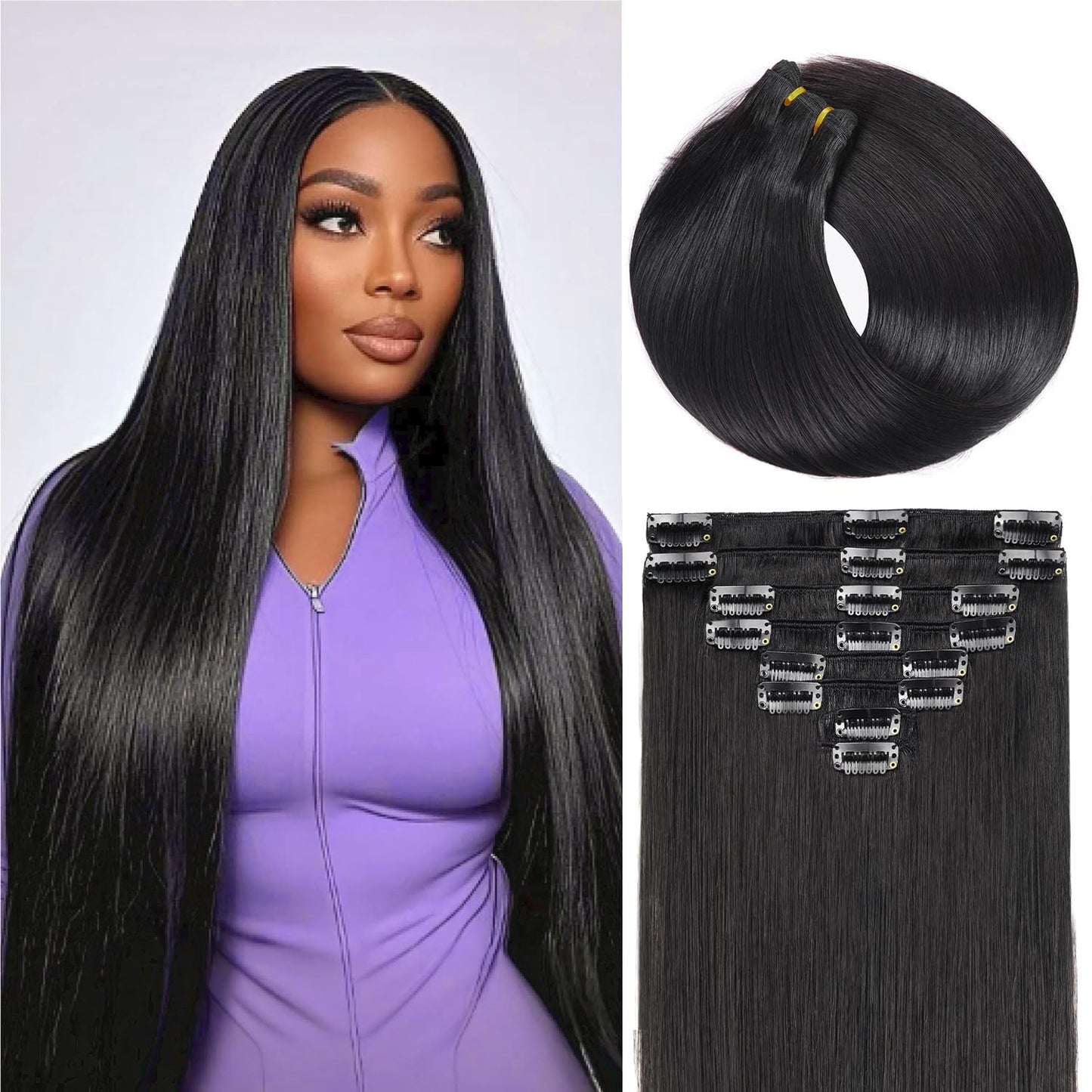 Real Human Hair Extensions - 100% Brazilian Remy Clip-In 20 Inch, Natural Black, 8pcs Set with Double Weft