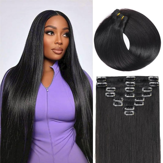 Real Human Hair Extensions - 100% Brazilian Remy Clip-In 20 Inch, Natural Black, 8pcs Set with Double Weft