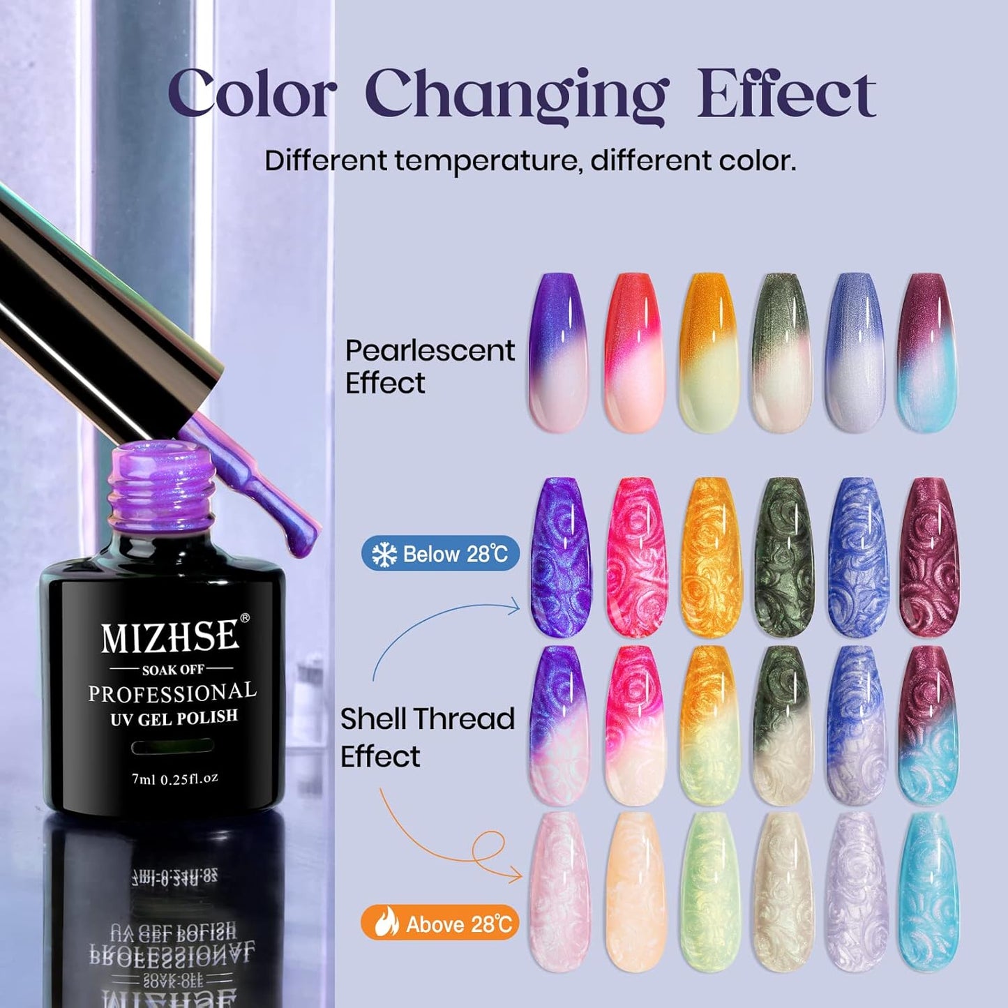 MIZHSE Color Changing Nail Polish - Pearl Glitter Thermal Gel | 6 Soak-Off Shades for DIY Manicure