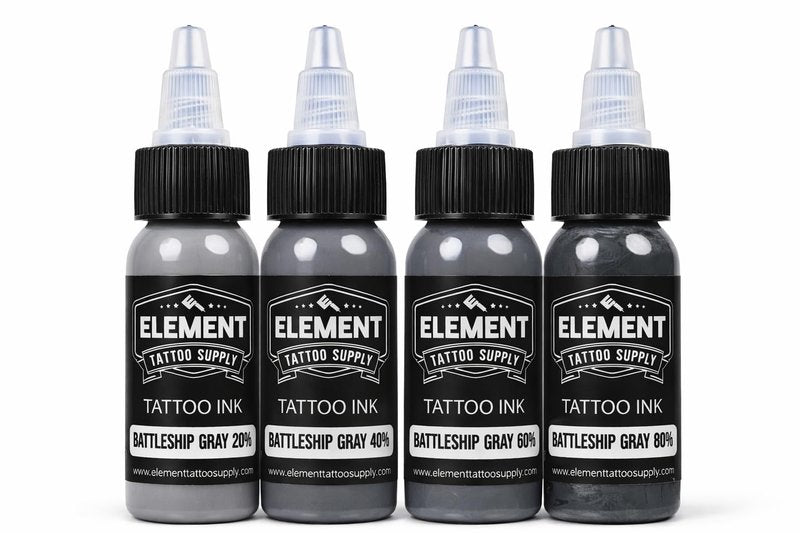 Element Tattoo Supply Battleship Gray Tattoo Ink Set - 4 Shades of Grey, Light, Medium, Medium Dark & Dark Tones, Professional Grade Tattoo Inks for Mixing & Blending, 1 oz Bottle (4 Pack)