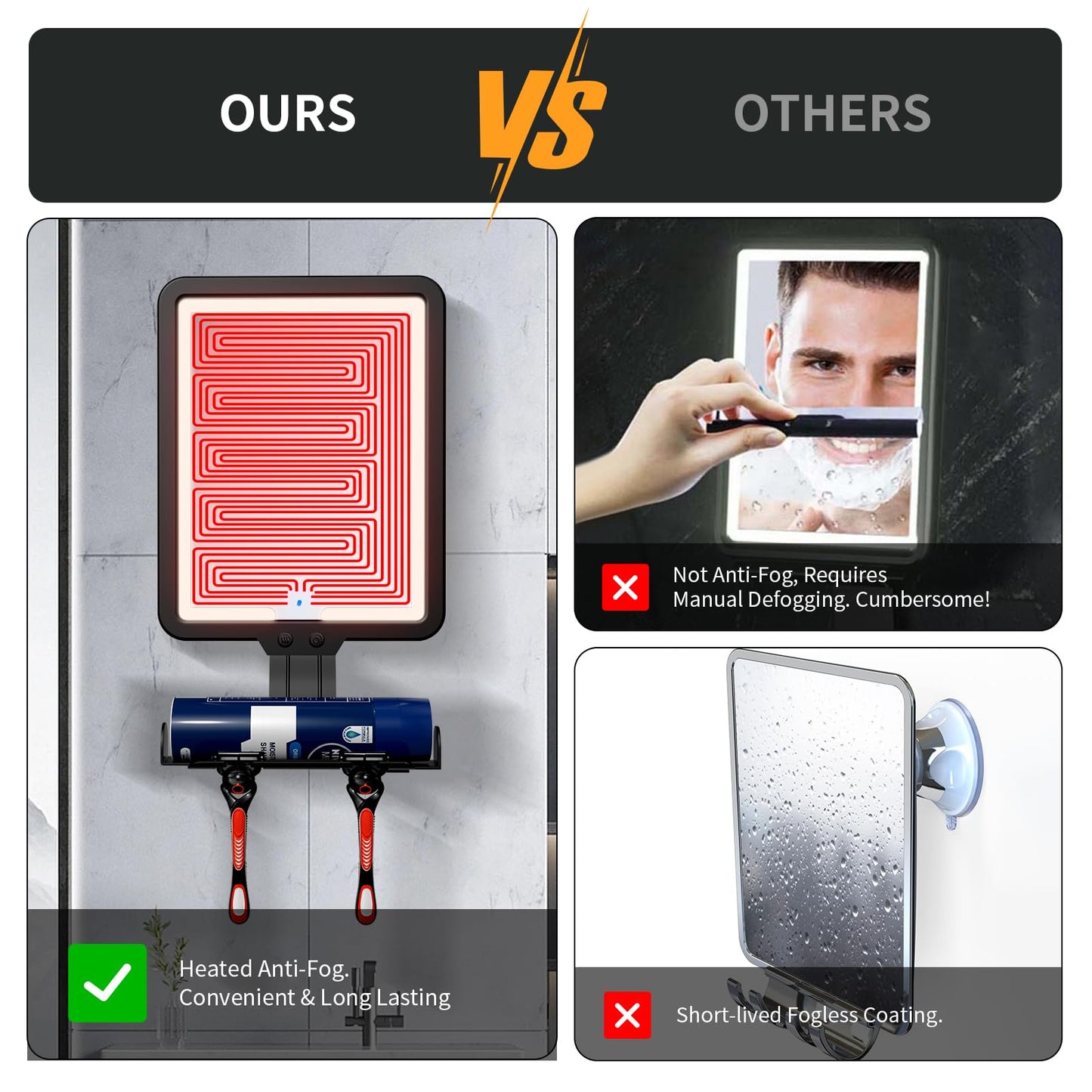 Suupvaor Heated Shower Mirror Fogless for Shaving, Fog Free Large 9.5 * 7inch Shower Shaving Mirror with Light, Rechargeable Anti-Fog Shower Mirror with Storage Tray & Razor Holders