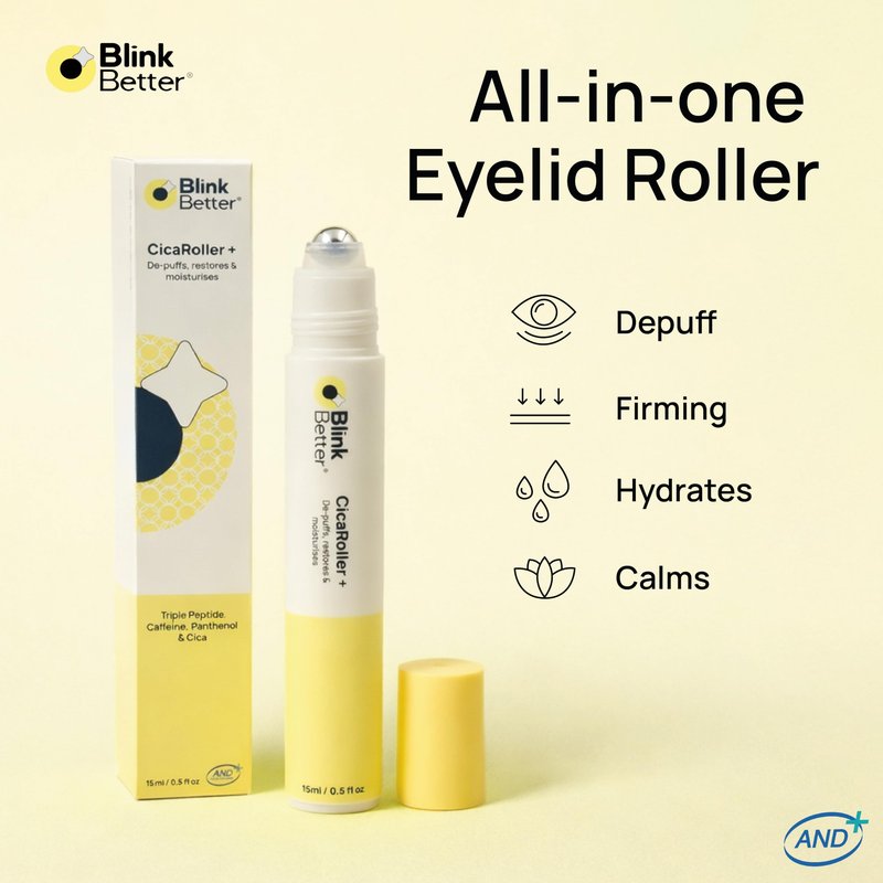 BlinkBetter CicaRoller+ Cooling Eye Roller Serum for Eyelids and Under Eyes – Refreshes, Revitalizes, Smooths & Hydrates Tired Eyes with 2.5% Caffeine, Peptides, Cica & Panthenol, 15 ml