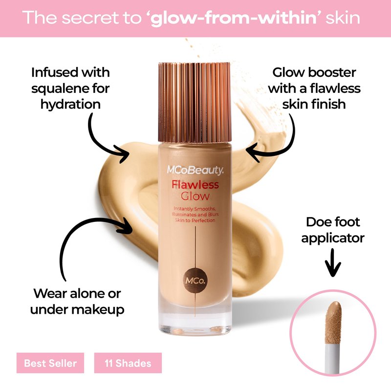 MCoBeauty Flawless Glow Luminous Skin Filter - 2.5 Fair - 4-in-1 Primer, Highlighter & Foundation Booster - Dewy Illuminating Tint Face Makeup with Squalane Vitamin E - Vegan & Cruelty Free