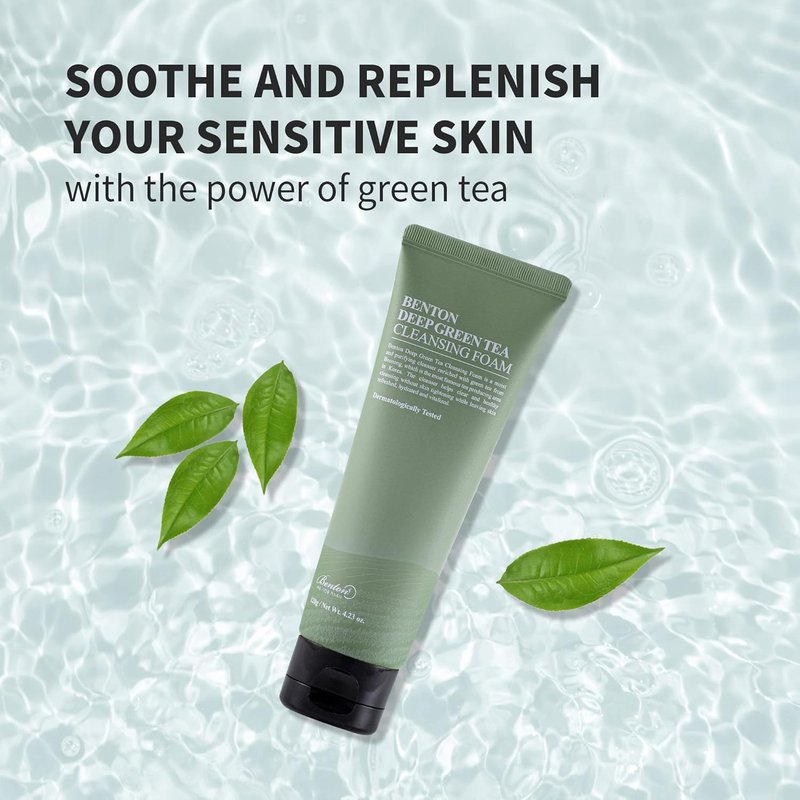 Benton Deep Green Tea Face Wash - Hydrating Korean Foaming Cleanser for All Skin Types | 4.23 oz.
