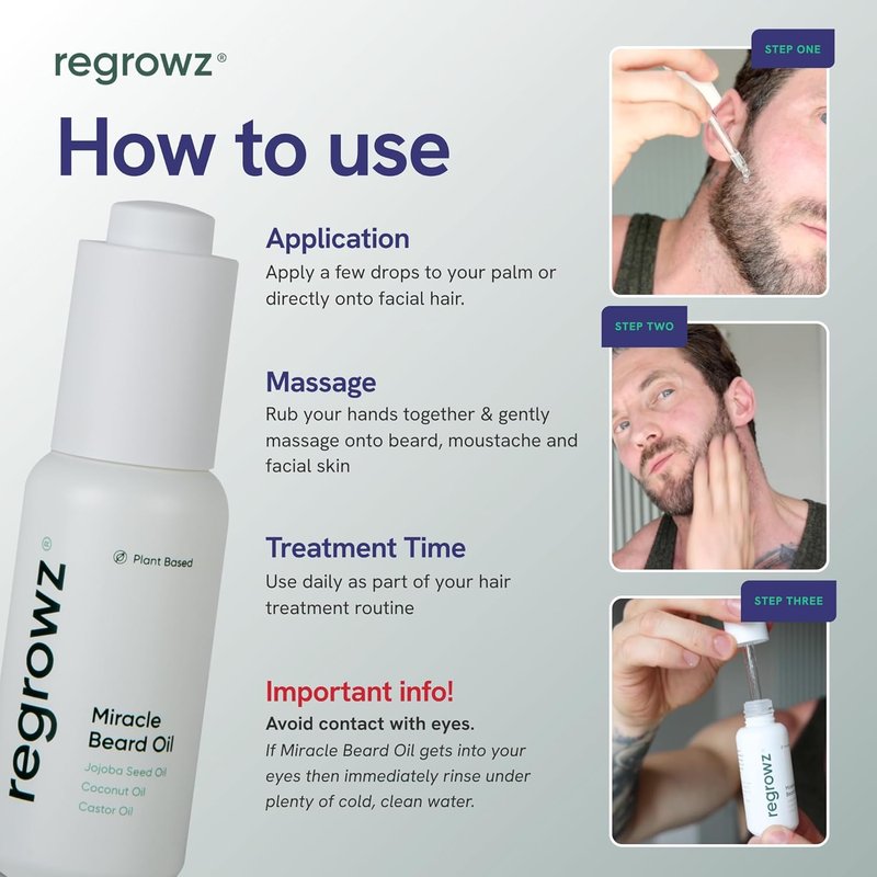 Regrowz Beard Growth Oil for Men - Natural Moisturizer with Coconut & Jojoba Oil | 1 Fl Oz, Pack of 3