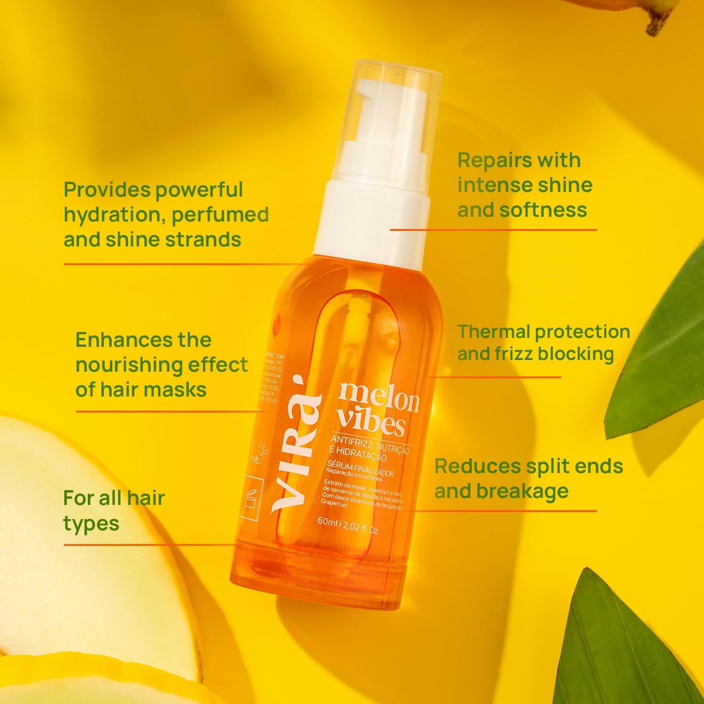 VIRÁ Brazilian Hair Serum, Frizz Control,Anti-Frizz, Split Ends Repair & Heat Protection – 13 Oils Including Macadamia, Melon & Argan – For All Hair Types – Lightweight & Fast Absorbing – 60ml